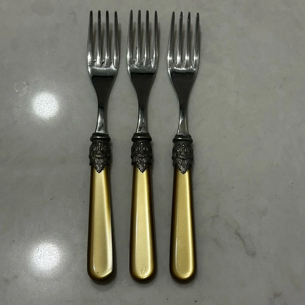 Vintage D & D Flatwear 3 Salad Forks Gold Pearl 7.5” 18/10